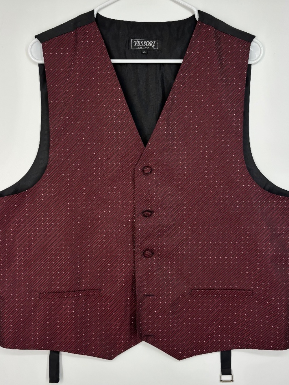 Tessori Mens XL Button Front Suit Vest Red Silver Black Stripe Formal Designer
